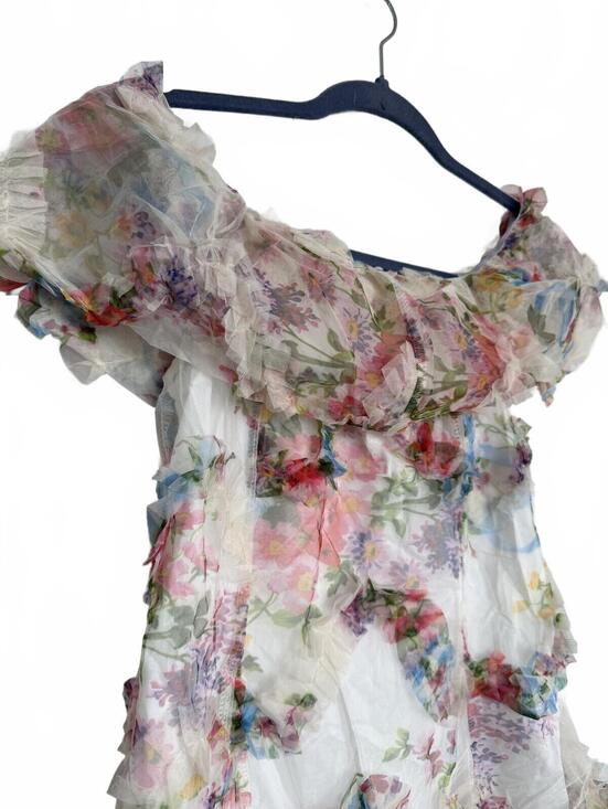 Tops - Floral Off-Shoulder Ruffle Sheer Top